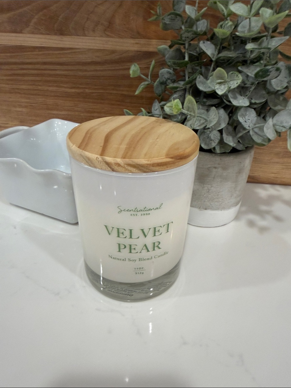 Velvet Pear Soy Candle with Wood Lid — White by Scent-sational
